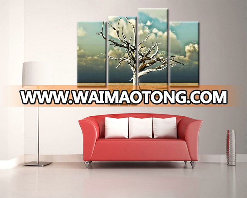 Wall Paintings Still life 4pcs Landscape living room Decoration Dead trees Mint Green Sky Canvas printed Painting Art