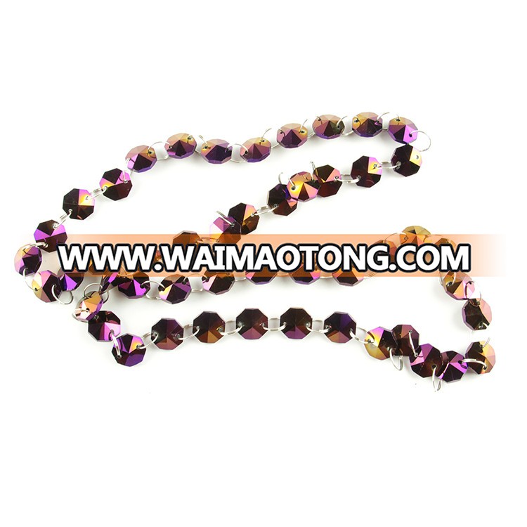 Hot sales coating purple 14mm crystal garland strand with silver metal rings for the wedding hall was beautifully decorated