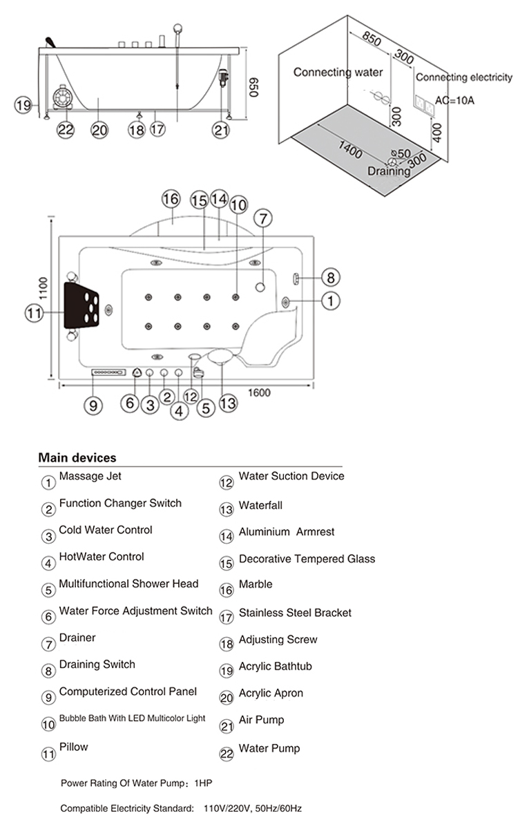 factory price freestanding air jet whirlpool massage bathtub