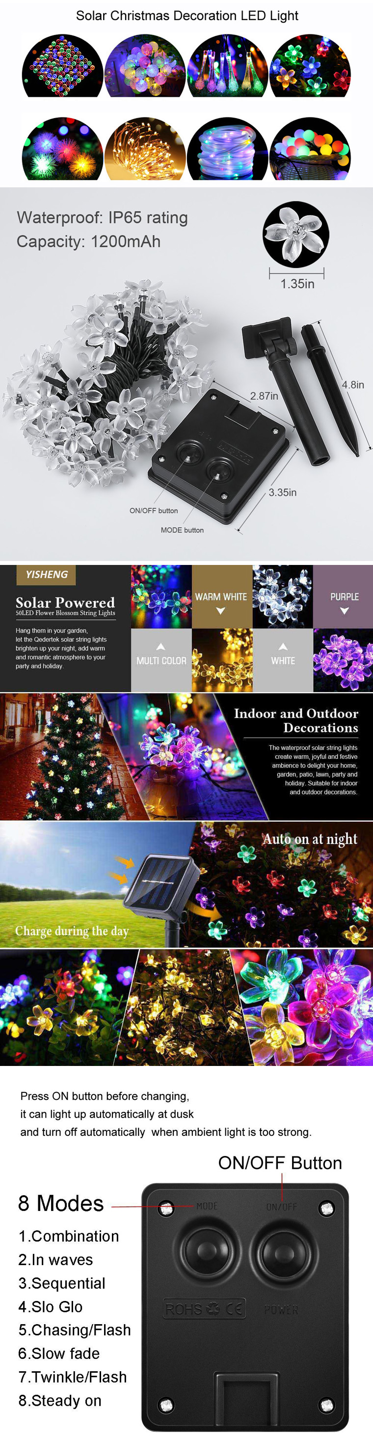 High quality solar powered IP65 Waterproof Outdoor Solar Powered Christmas Lights 2 Years Warranty Solar christmas led lighting