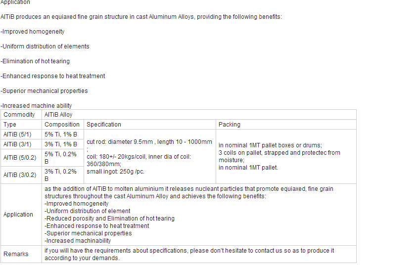 AlTiB Alloy, Aluminum Grain Refine