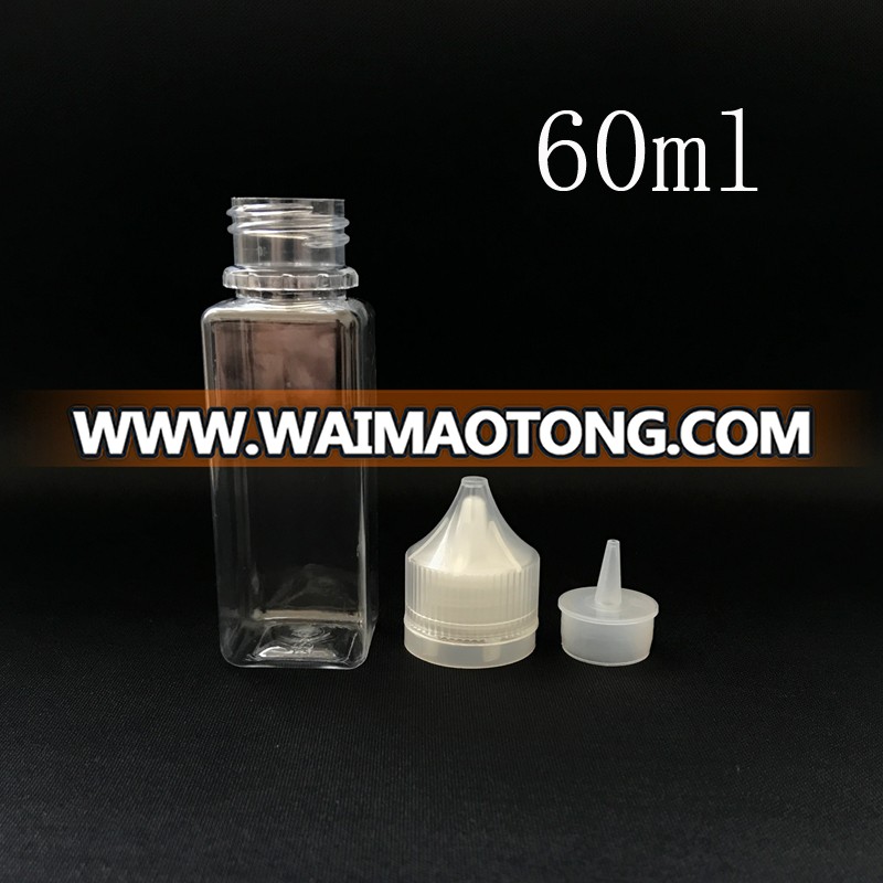 Wholesale 60ml square empty bottles dropper juice plastic pet child proof bottles