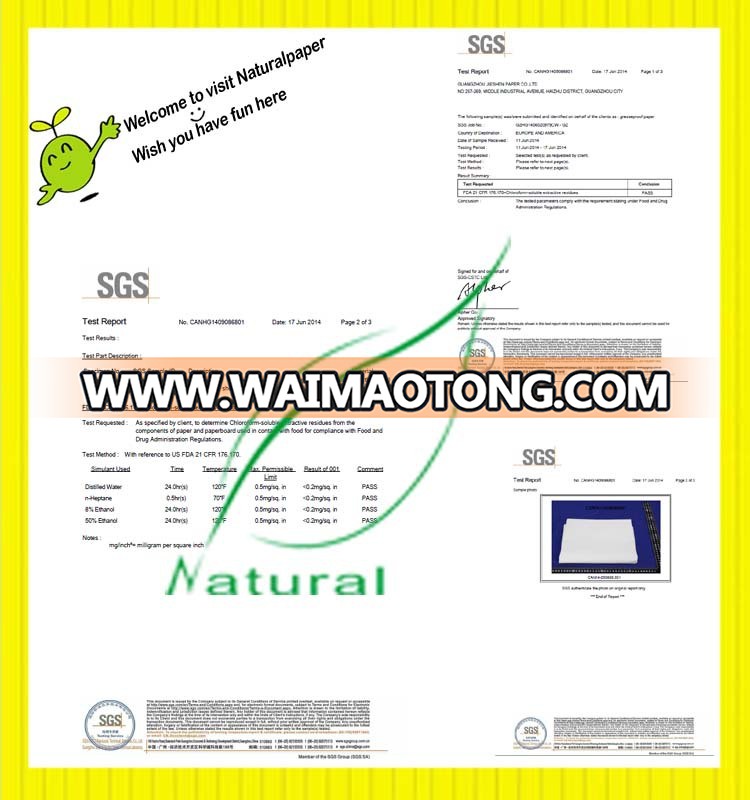 food packing greaseproof paper with FDA SGS certificate good reputation in market