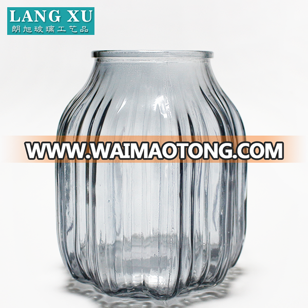 2018 big shape brown colored round vertical stripes embossed glass vase