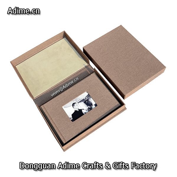 cloth linen print photo album box with USB flash drive compartment for photography studio