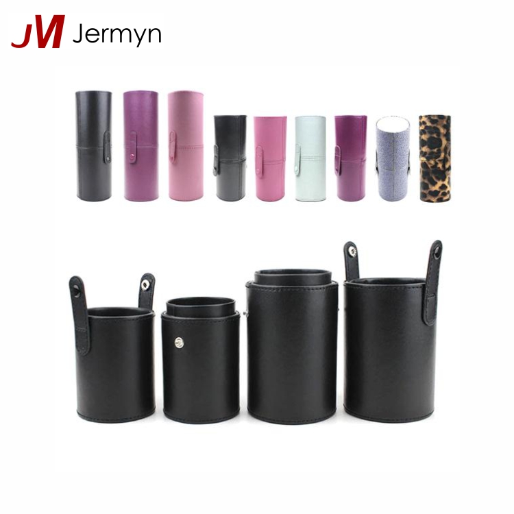 Custom luxury handmade cylinder leather packaging makeup brush box