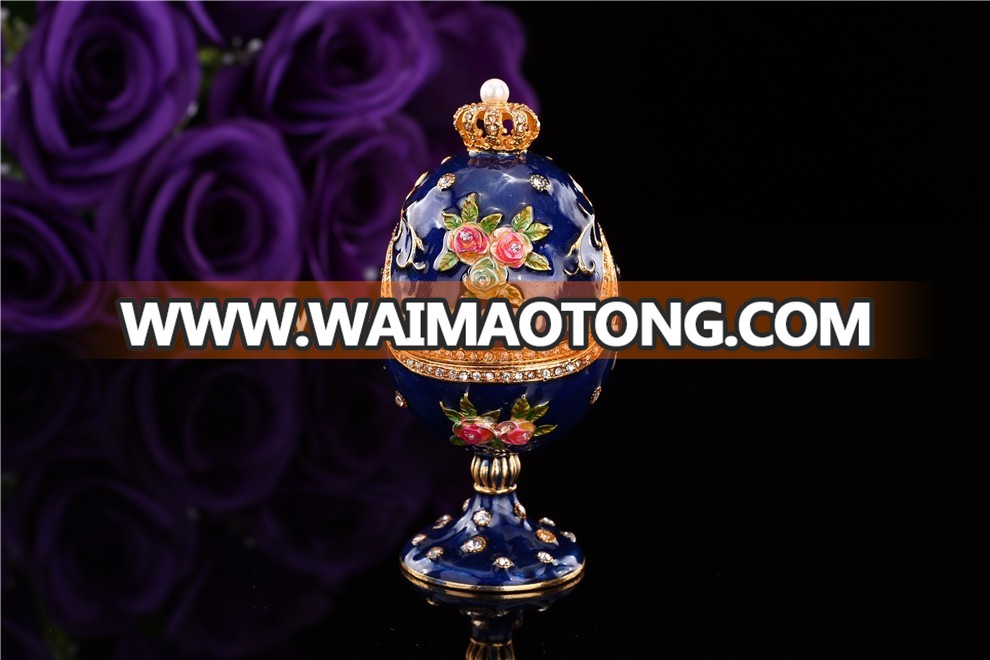 Elegant blue flower faberge egg metal trinket box enamel craft gift item decoration QF3399