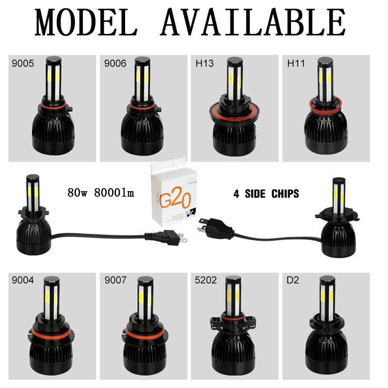 G20 LED HEADLIGHT 4 SIDES LED CHIPS 80W 8000LM KIT FANS COOLING H1 H3 H7 H11 80W 8000LM 6000K COB LED CHIPS GOOD QUALITY BULBS