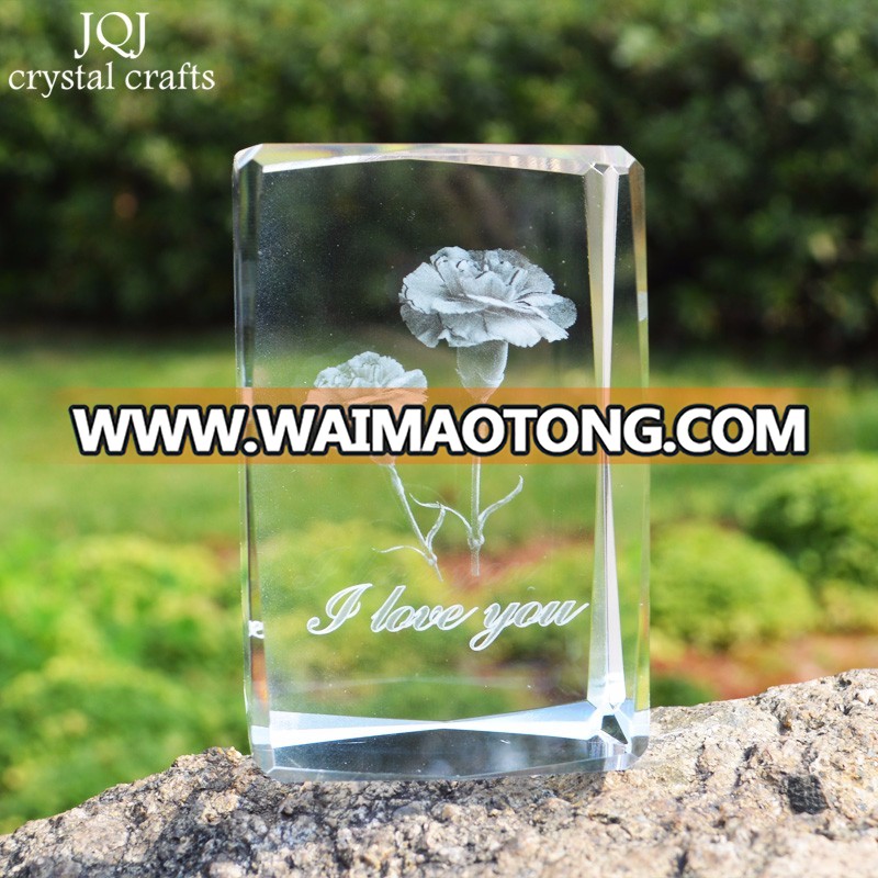 3D laser etched glass block crystal custom Carnation design birthday present ,souvenir,