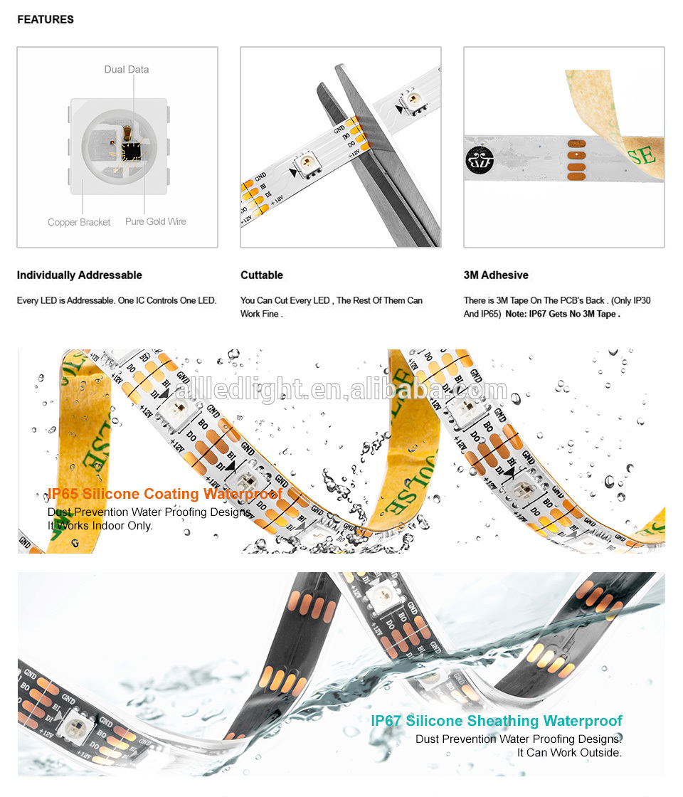 DC12V WS2815 pixel led strip light,Addressable Dual-signal Smart,30/60 pixels/leds/m Black/White PCB,IP30/IP65/IP67