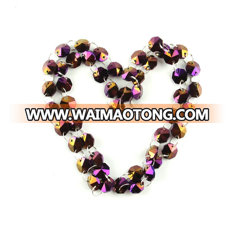 Hot sales coating purple 14mm crystal garland strand with silver metal rings for the wedding hall was beautifully decorated