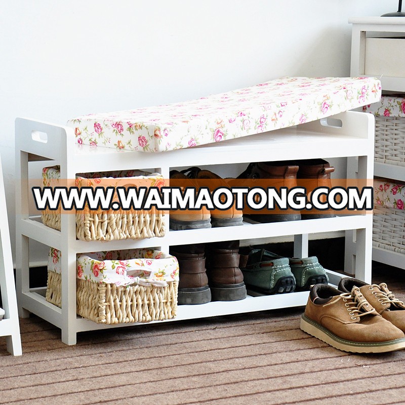 Wholesale White Color Wood Storage Entryway Shoes Bench with Baskets Organizers