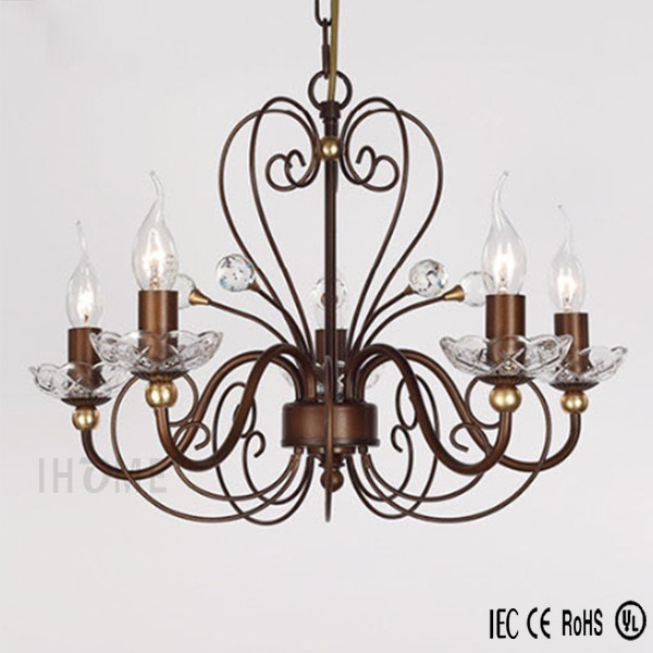 Living Room Hallway Brown Wrought Iron Antique Crystal Chandeliers 5 Lights