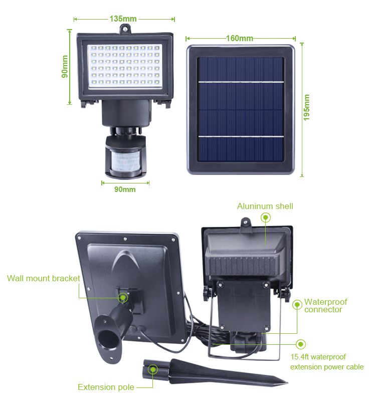 Double working modes of normally bright and automatic motion sensor solar garden lamp, 3.6W 60LED white light and warm light