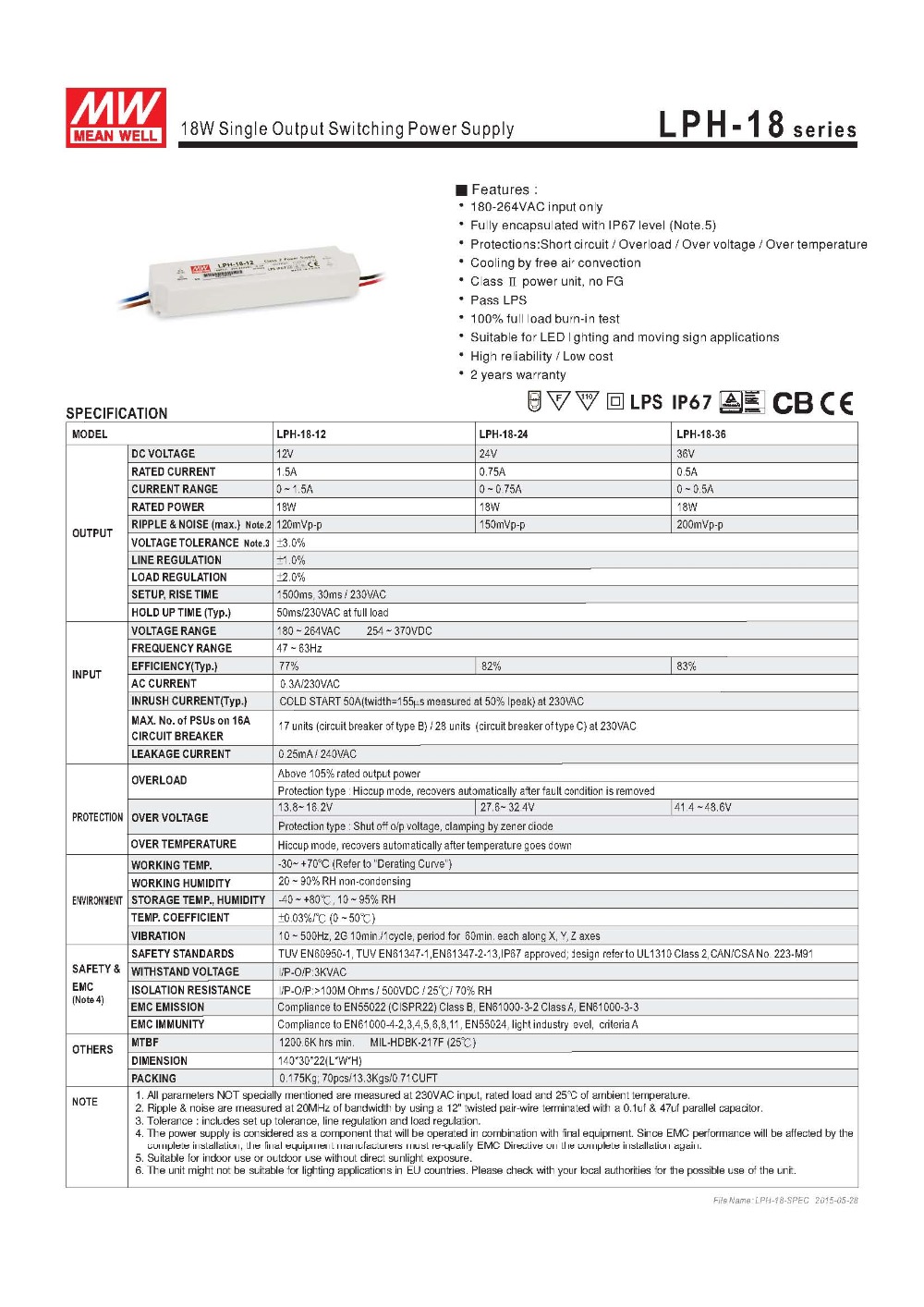 Taiwan MEANWELL DC12V LED power supply LPH-18-12