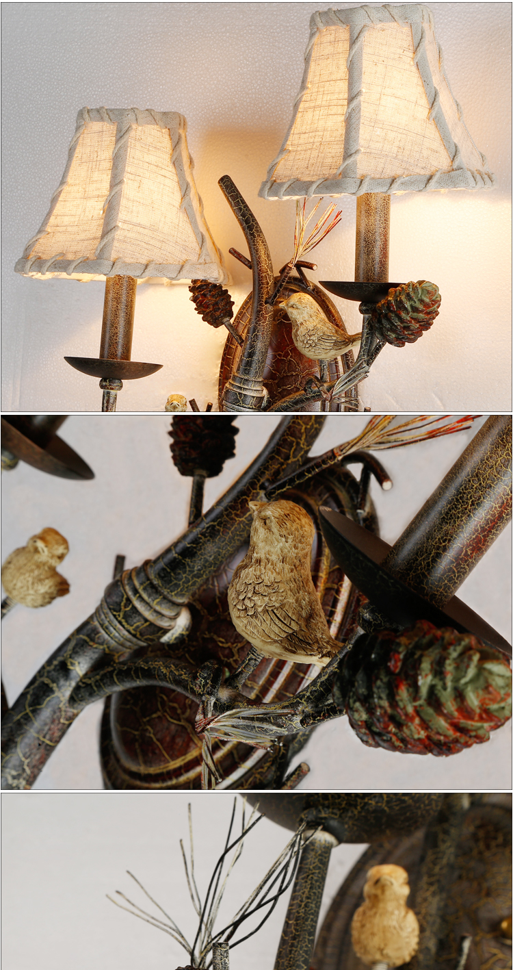 Indoor vintage antique lighting lamp pinecone & birds wall sconce