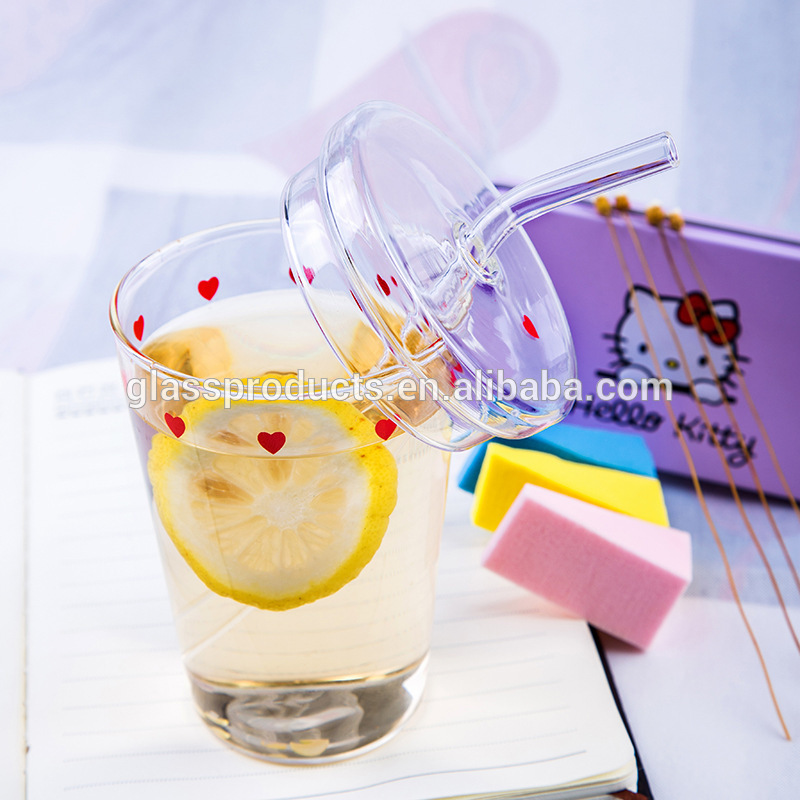 Borosilicate Glass Cup with Glass Lid& Glass Drinking Straw