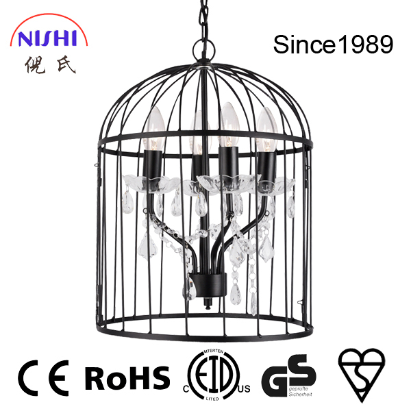 Industrial vintage bird cage  crystal ceiling decorative fancy chandelier pendant lamp for bedroom  NS-124065D