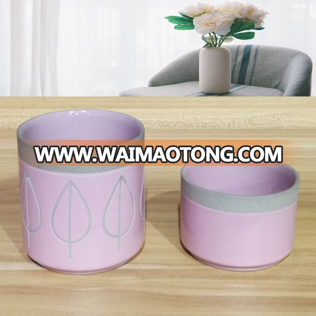 Factory supply pink emboss ceramic candle jar