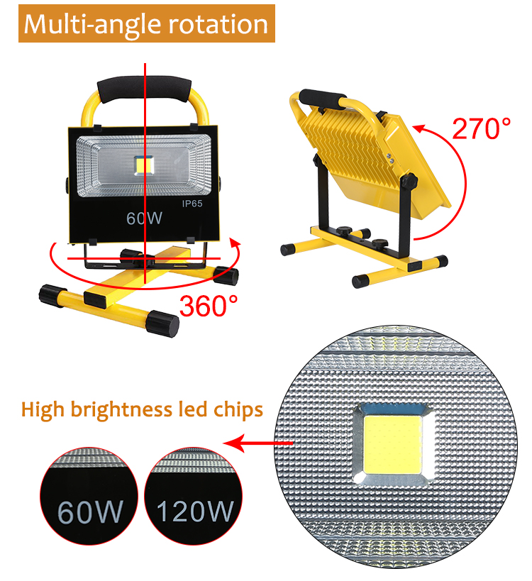 High quality IP65 waterproof outdoor cob 60watt rechargeable led flood light