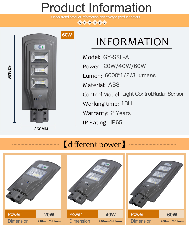 High lumen IP65 waterproof  Radar Sensor 20w 40w 60w all in one solar led street light price