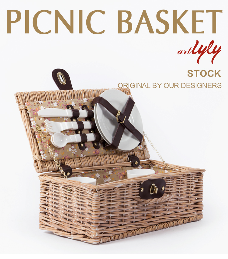 Cheap floral interlining cloth plastic fork knife blanket folding wicker willow 2 picnic hamper suitcase storage box basket