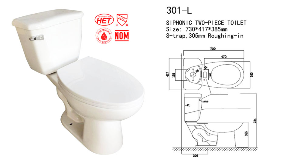 Ceramic Elongated two piece toilet, cUPC toilet # 301-HL