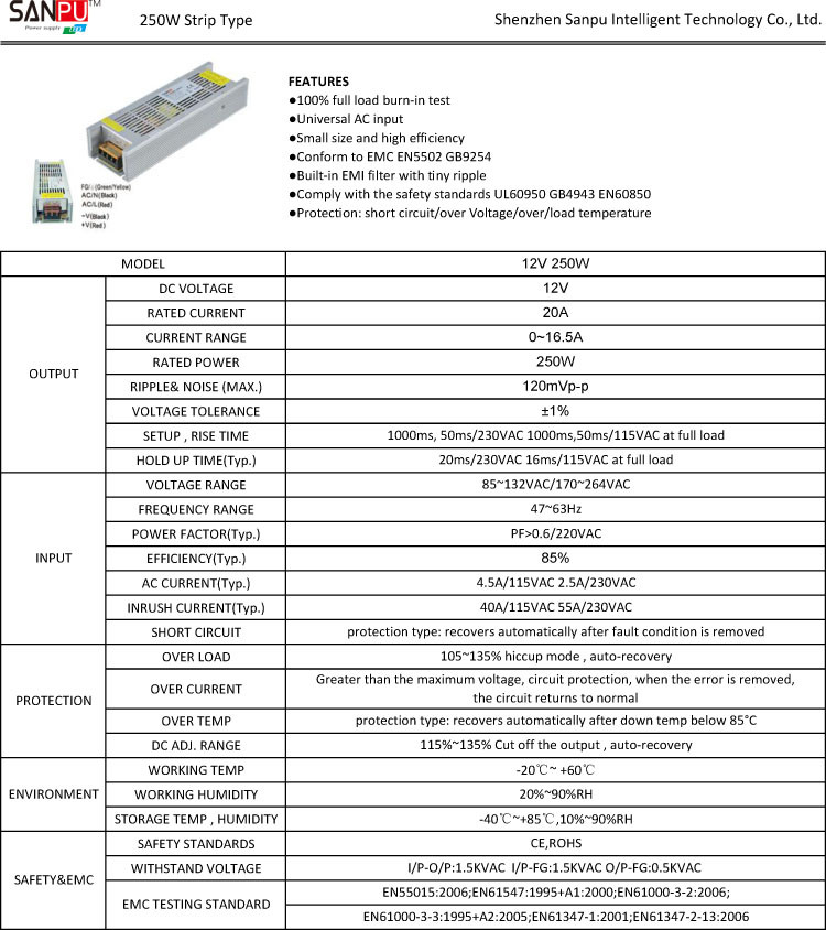 12v 20a power supply 250W 12V SANPU New Arrival AC 220V to DC 12 V Single Output Small Without Fans for led display