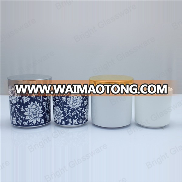 Accept custom design high quality ceramic candle holder container with metal lid wholesale