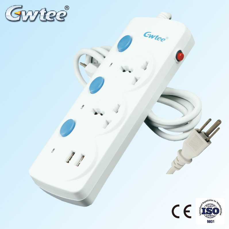 High quality multiple outlets CE universal power strip surge protector extension usb socket