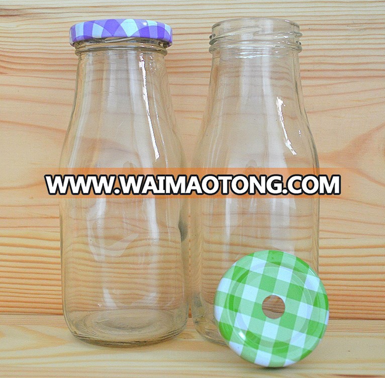 Hot sale square milk glass bottle juice glass bottle with straw