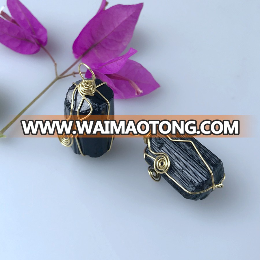 Hot handmade wire wrap rough stone pendant black tourmaline