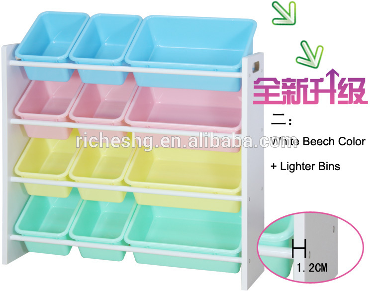 Wholesale 4 tier baby children kids  wooden toy storage organizer with plastic bins