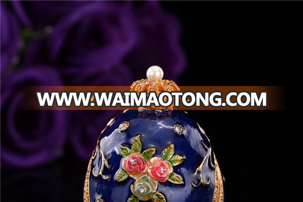 Elegant blue flower faberge egg metal trinket box enamel craft gift item decoration QF3399