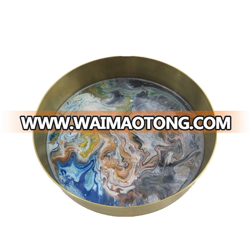 Round Marble brass circle serving tray dish plate with marble stand