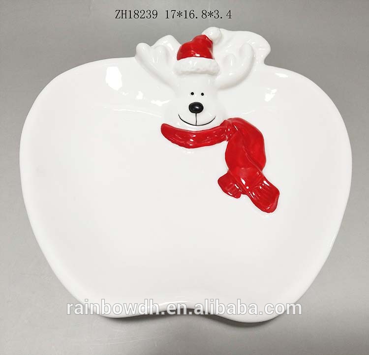 Wholesale Red And White Christmas Reindeer Snowman Santa Claus Ceramic Plates