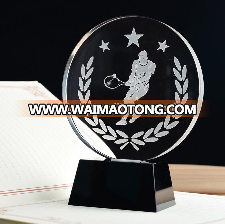 Custom round tennis match crystal glass trophy for best employee business souvenir medal