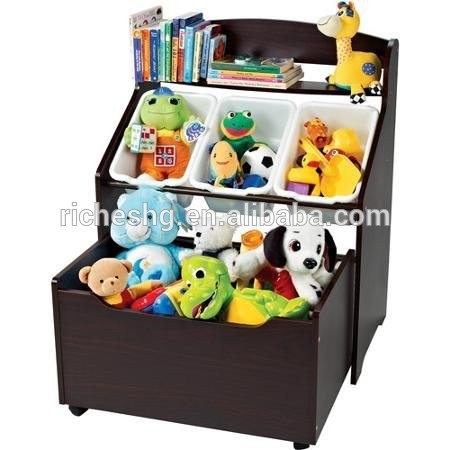 wooden toy organizer for kids with 5 plastic bins, 2 Tier Wooden Toys Storage Organizer