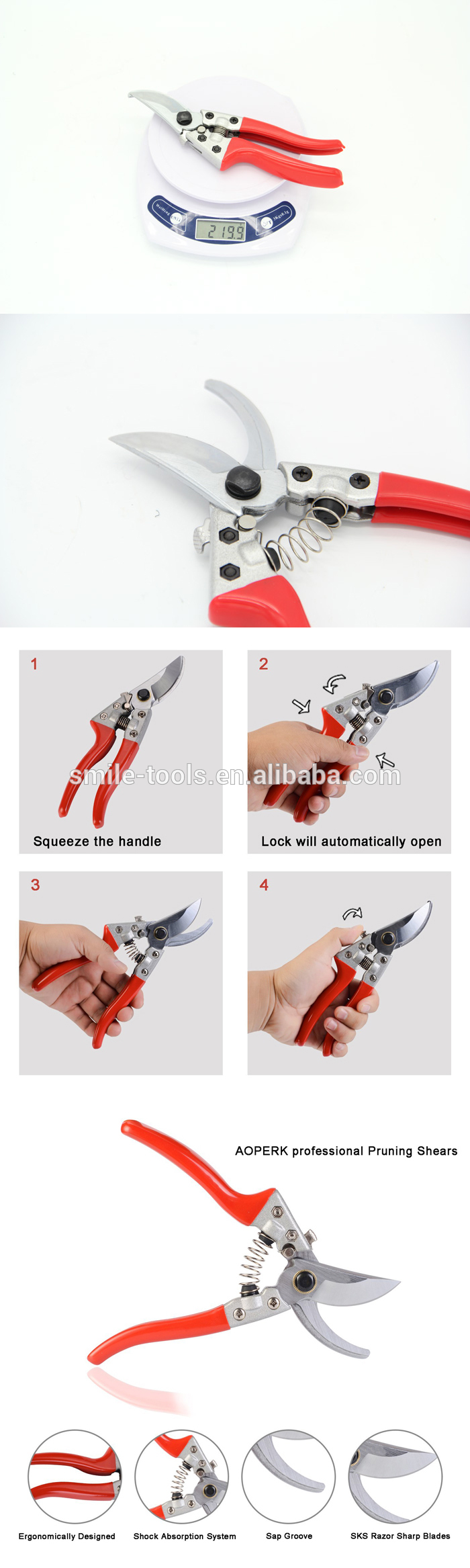 Hand Pruner Clippers Garden Scissors Garden Clippers Tree Cutter Trimmer Secateurs SK-5 Steel Blade with PTFE Coating and Safety