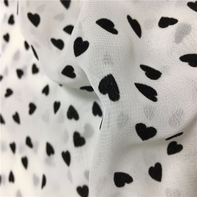 75D 100% polyester black heart flocked chiffon fabric for women's cloth