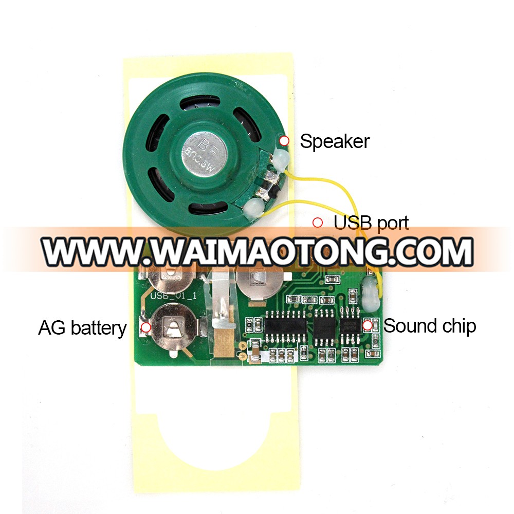 Greeting card pull tab activated MP3 USB sound module