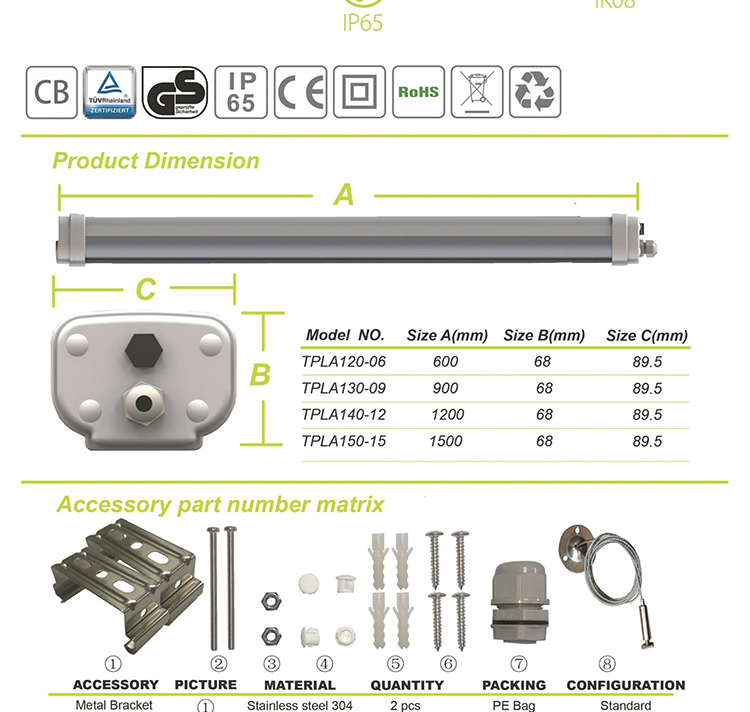 Wholesale YLTP1242 Hanging IP65 Waterproof 4ft Waterproof Batten Light