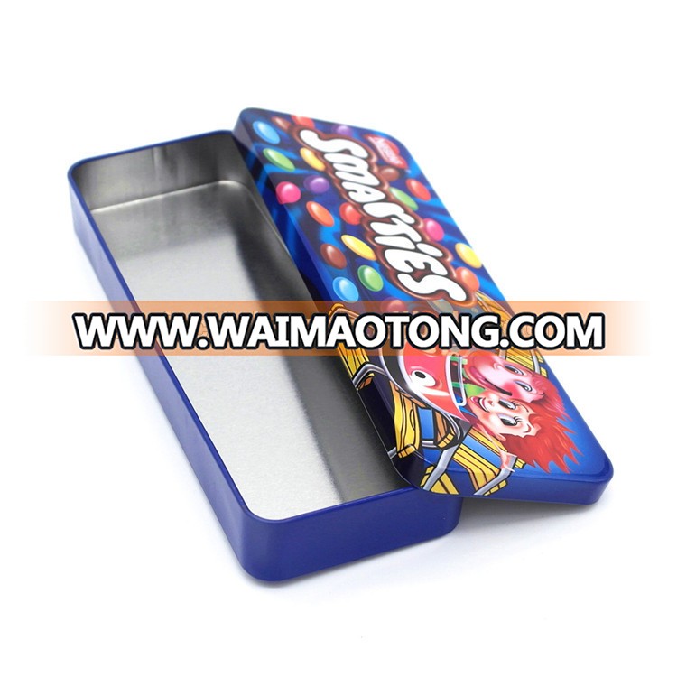 Flat decorative tin box with cut custom printing with lid for food packaging