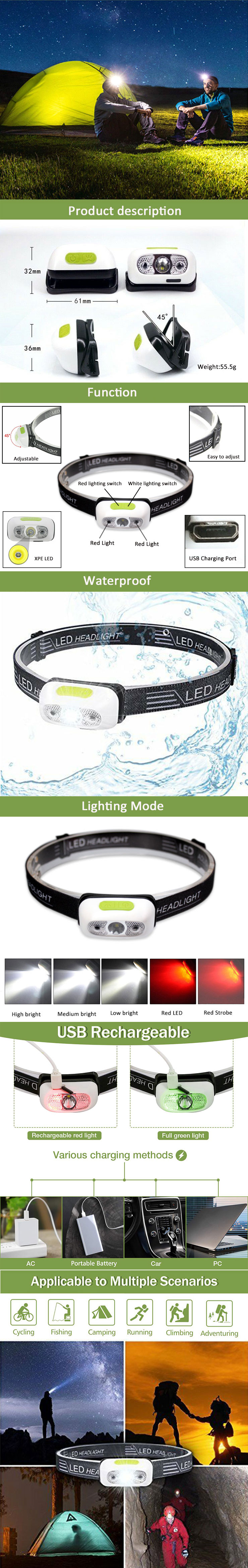 Mini Head Torch Light Waterproof  Outdoor Rechargeable Headlamp Usb