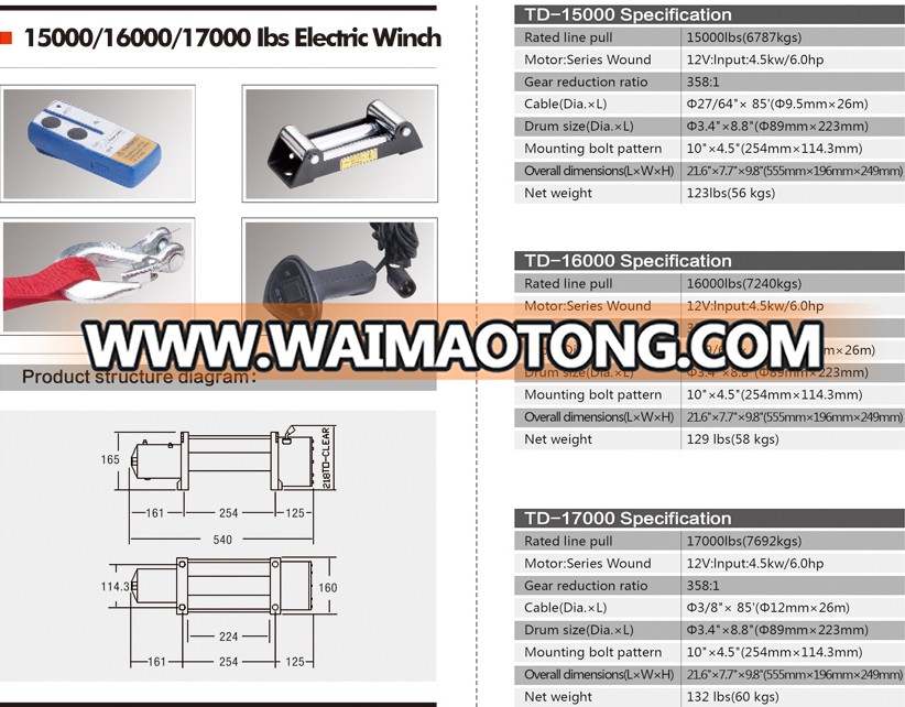 15000lbs remote control electric winch auto winch