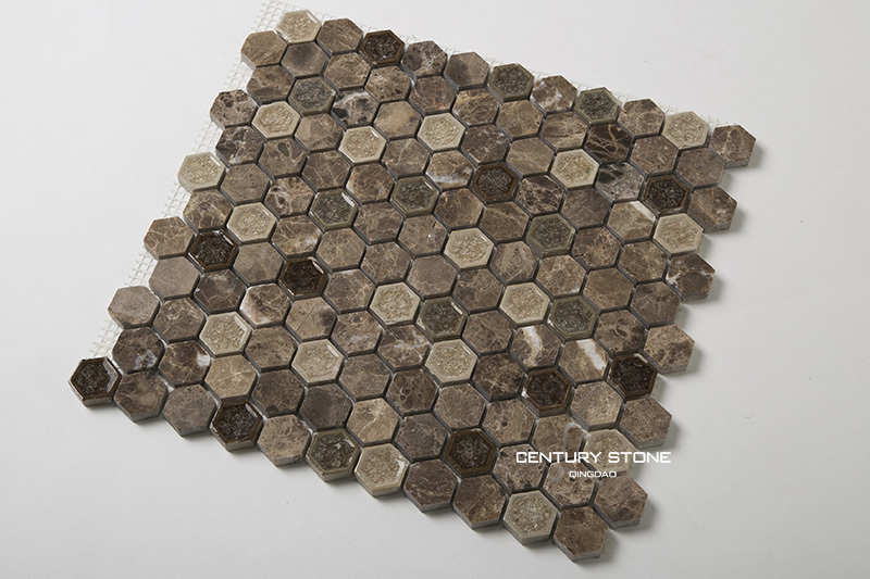 25mm Hexagonal Ice Crackle Ceramic Mix Emperador Dark Marble flooring Tiles