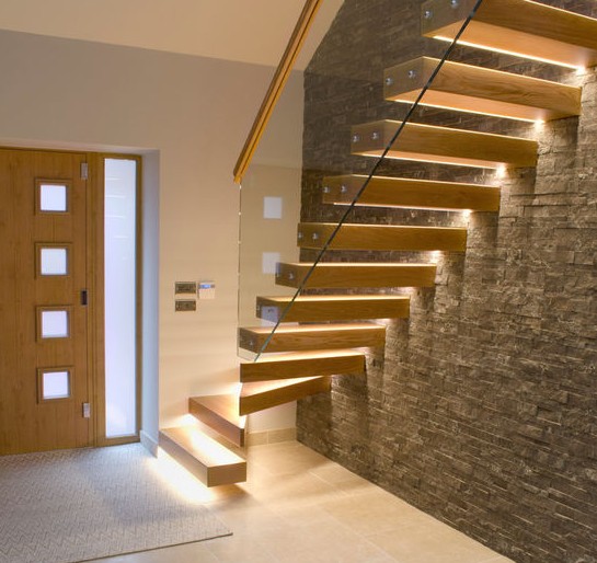 modern wooden tread floating staircase design