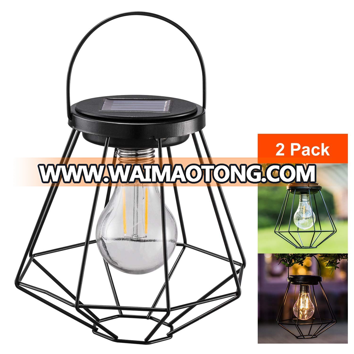 Outdoor rope hanging  waterproof solar metal lantern with led  bulb