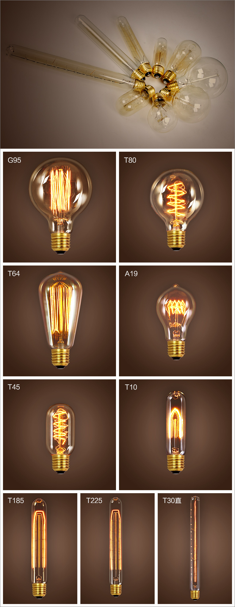 T9-185 40w 60w e27 tubular hairpin filament edison bulb