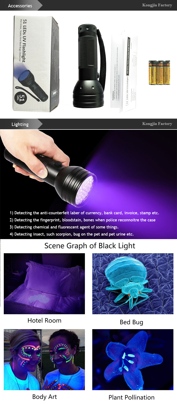 NHKJ Wholesalers 395nm Urine Detector Black Light 51 Led UV Flashlight, UV Torch Light